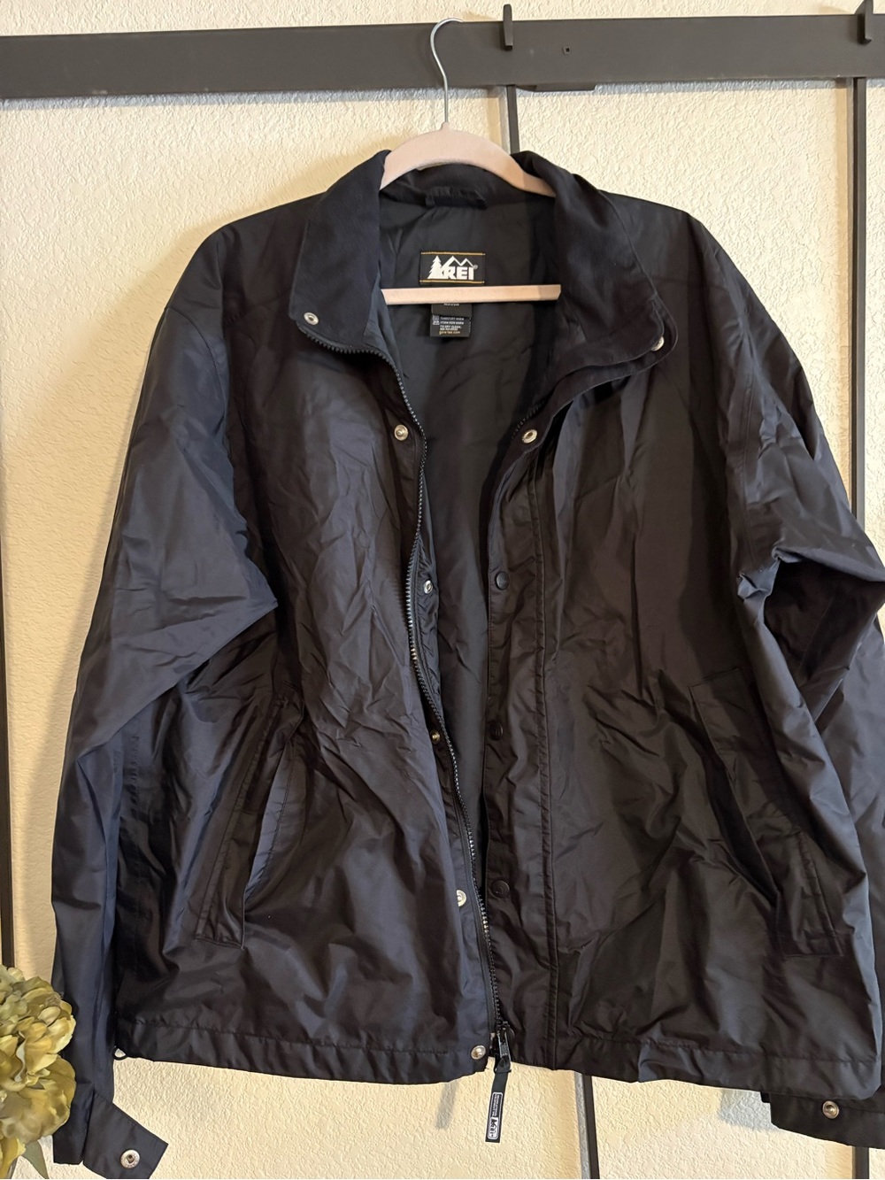REI Black Men's Waterproof Raincoat with Zip and Snap Closure